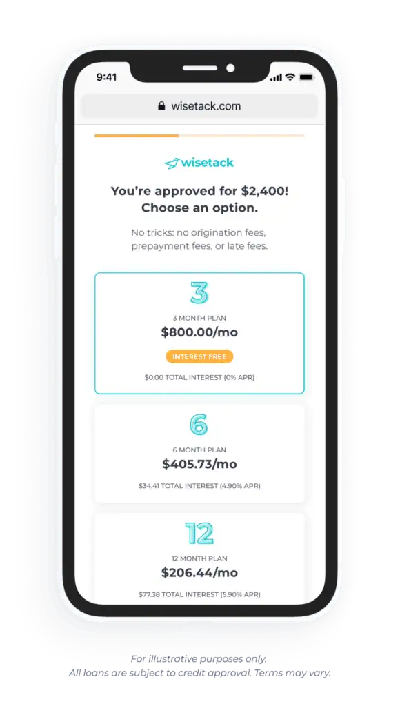 Illustrative Wisetack payment options on a phone. All loans are subject to credit approval. Terms may vary.
